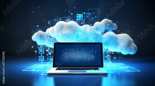 Digital representation of cloud computing with laptop and virtual interface