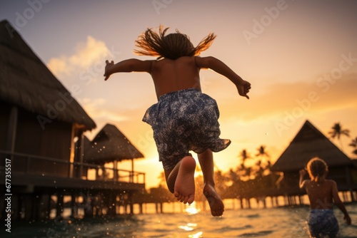 Wide angle view of happy kids with family jumping into sea water at luxury vacation resort at sunset with dynamics. Water sports. Summer tropical vacation concept. © rabbit75_fot