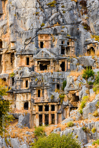 Ruins of the ancient lycian rock tombs in town Demre. Ancient Myra city. Antalya province, Turkey