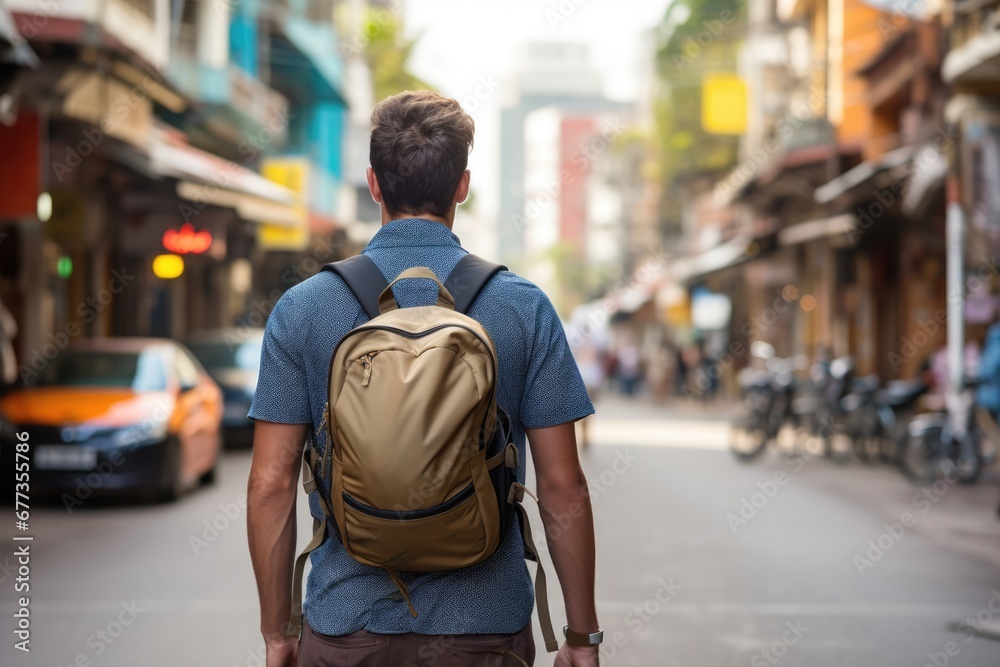 Back view of a traveler in historical city street. Vacation travel concept.