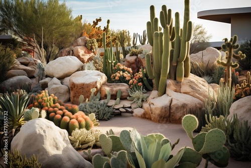 Desert garden with sculptural cacti arrangements