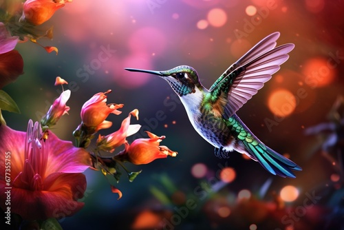 Delicate hummingbird hovering near vibrant flowers © Dan