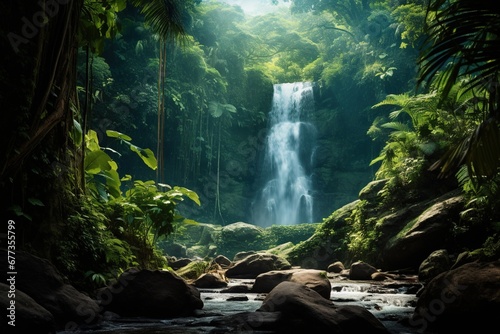 Dense jungle foliage with a hidden waterfall in the background