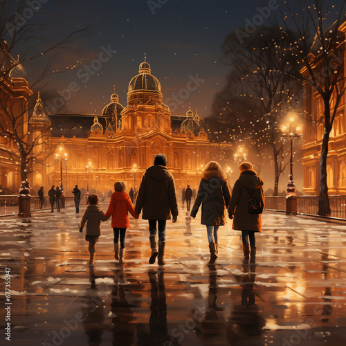A joyful family skates hand in hand on an urban ice rink. Laughter and happy faces characterize the scene as they move under the soft glow of surrounding lanterns. 