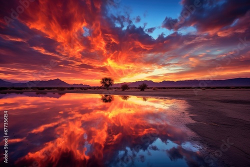 Desert mirage reflecting fiery sunset