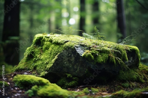 Dewy moss-covered rock in forest