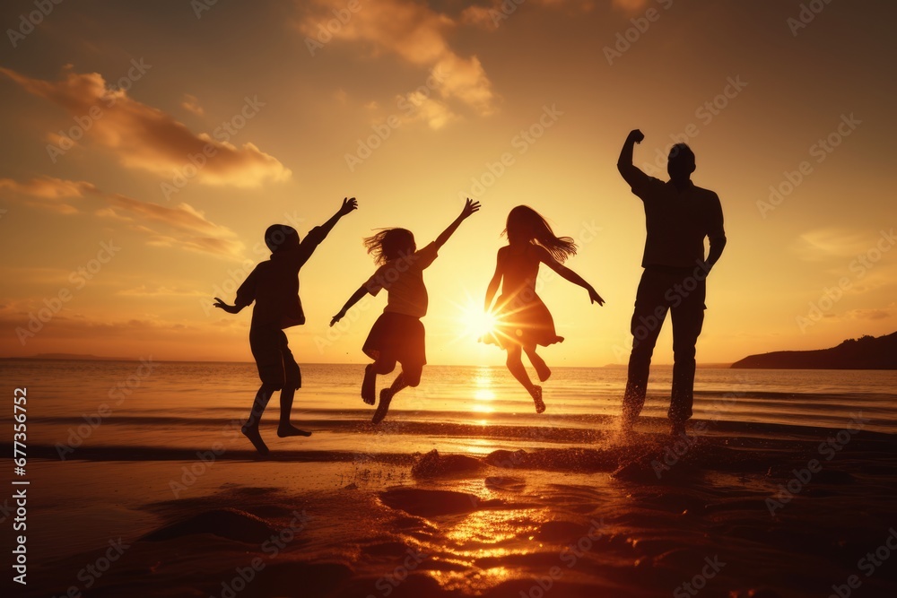 A happy family enjoy beach life at sunset. Summer tropical vacation concept.