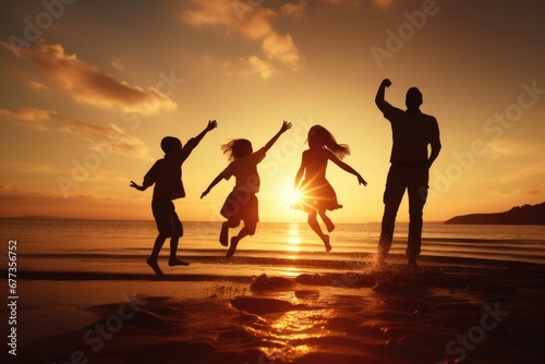 A happy family enjoy beach life at sunset. Summer tropical vacation concept.
