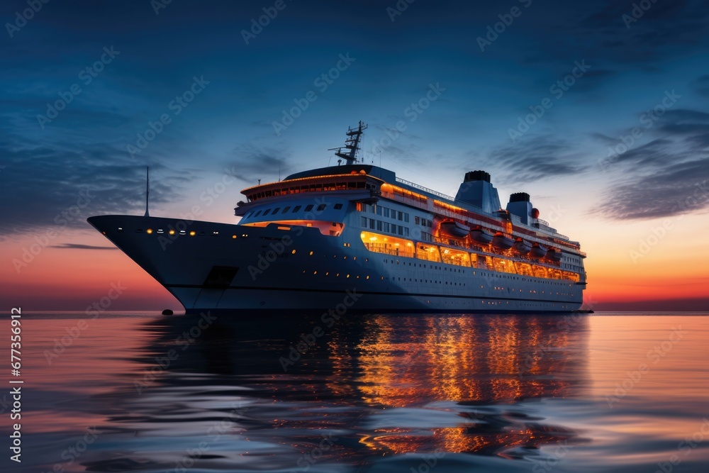 Luxury cruise ship in sea at dusk. Vacation travel concept.