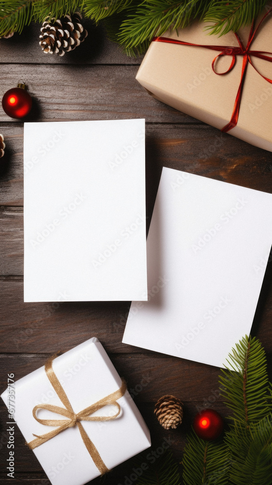 Fototapeta premium Christmas greeting card. Top view with copy space. Flat lay.