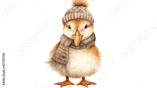  a watercolor painting of a duck wearing a knitted hat, scarf, and booties with a pom pom on it's head.