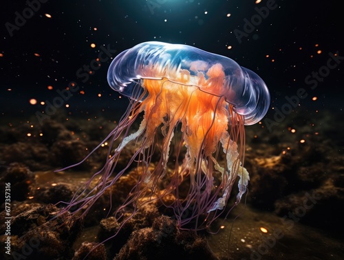 A jellyfish floating in the ocean at night. Generative AI.