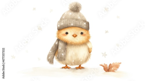  a watercolor painting of a little owl wearing a knitted hat and standing in the snow with stars around it.