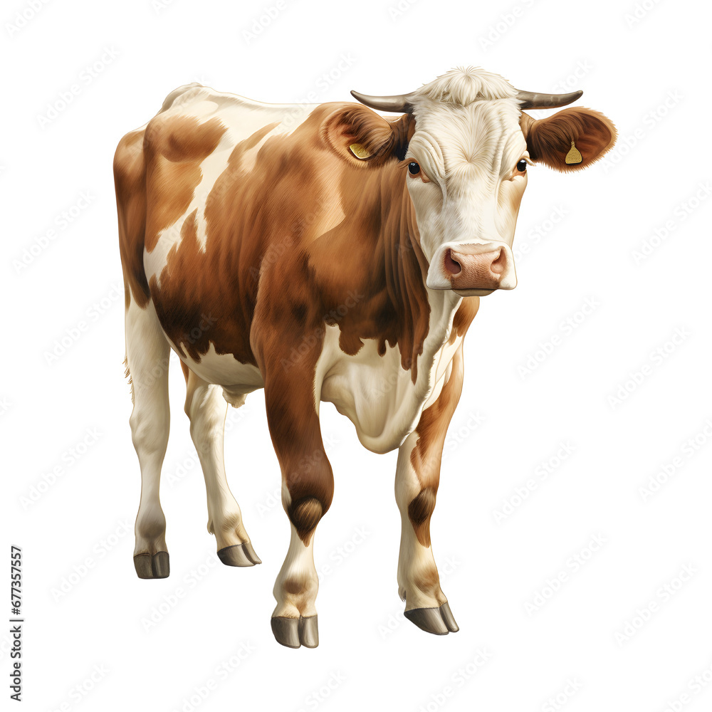 Illustration of a brown cow with horns. Detailed strokes.