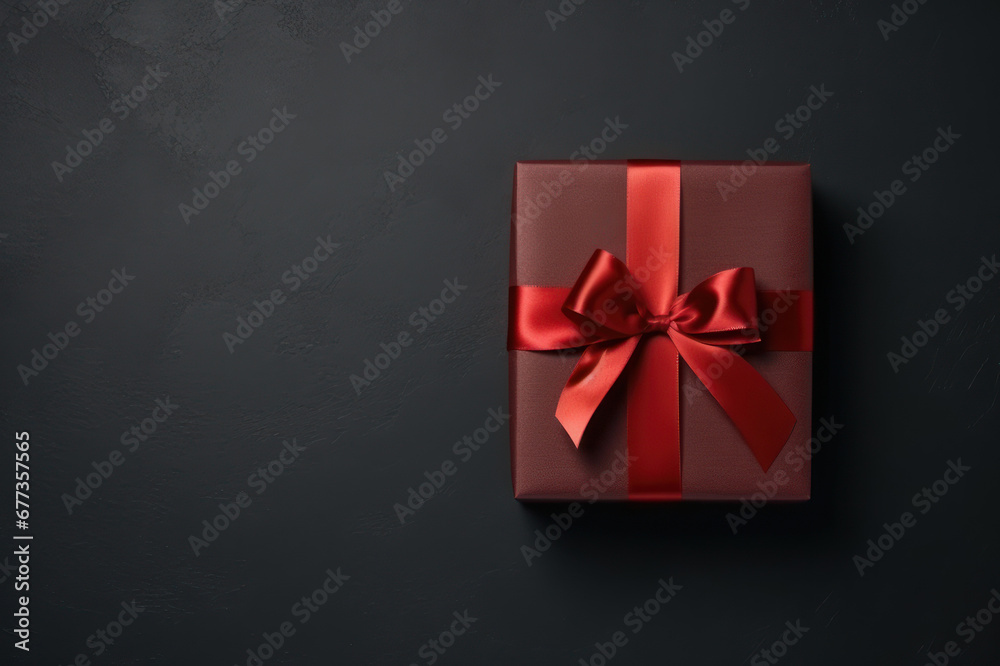 New Year's gift. Red gift on a dark background, copy space background. AI generative. New Year's gift. Red gift on a dark background, copy space background. AI generative.