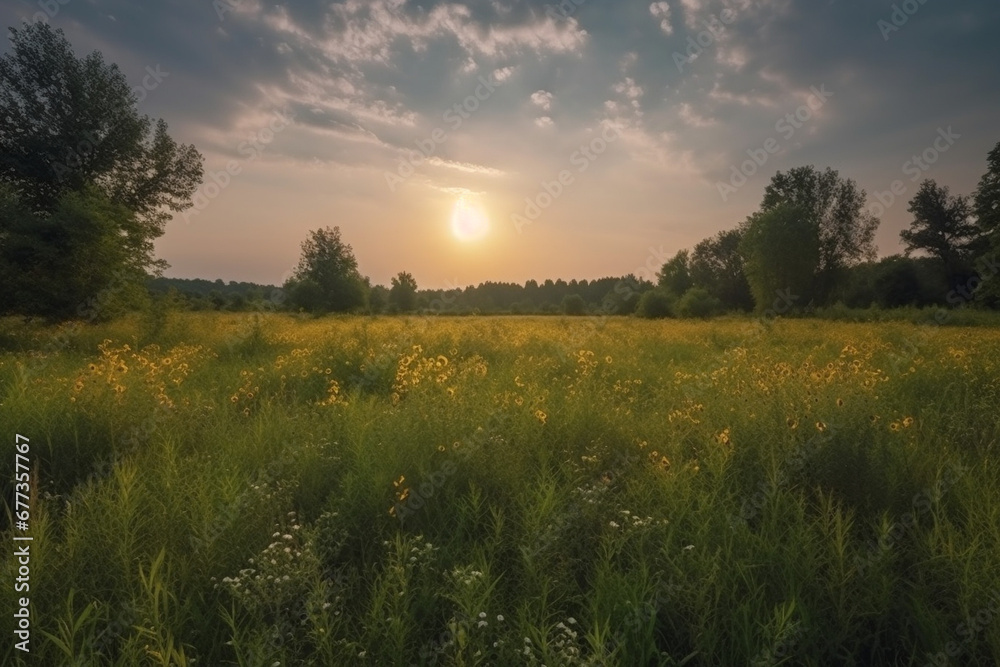 Sunset in the field of meadow generative AI