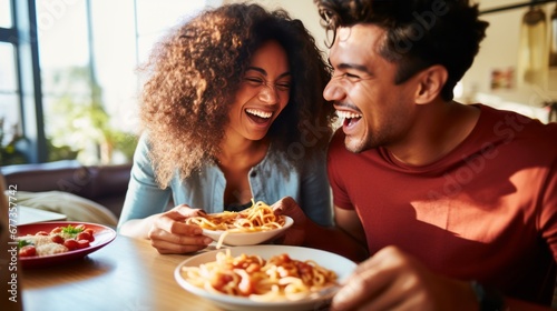 young couple at home laughing out loud eating