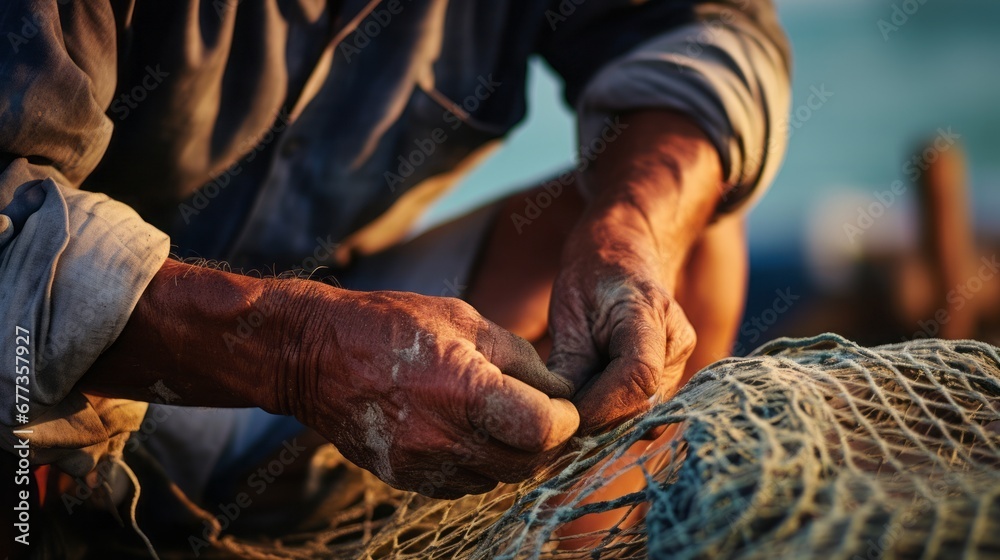 fisherman mends his nets by the seaside, rugged hand, copy space, 16:9 fisherman mends his nets by the seaside, rugged hand, copy space, 16:9