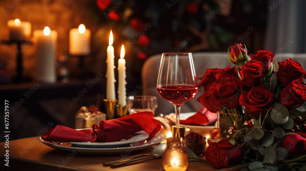 Romantic valentine's day dinner. Table setup with red wine and bouquet of red roses in candle lit living room