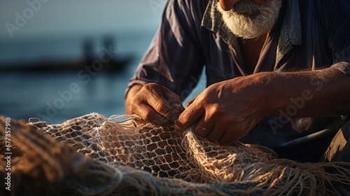 fisherman mends his nets by the seaside, rugged hand, copy space, 16:9
