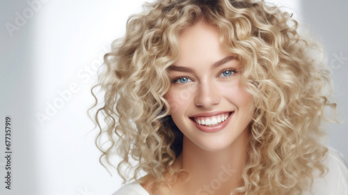 Blonde Woman with clean skin and perfect healthy teeth smile. Natural Beauty