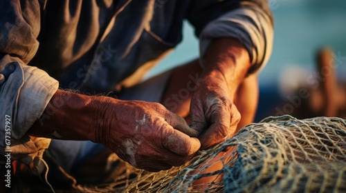 fisherman mends his nets by the seaside, rugged hand, copy space, 16:9