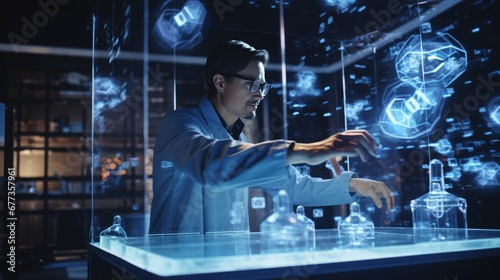 scientist in a high tech lab, working with a 3d holographic interface, 16:9