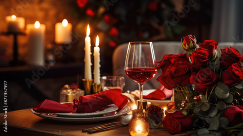 Romantic valentine's day dinner. Table setup with red wine and bouquet of red roses in candle lit living room