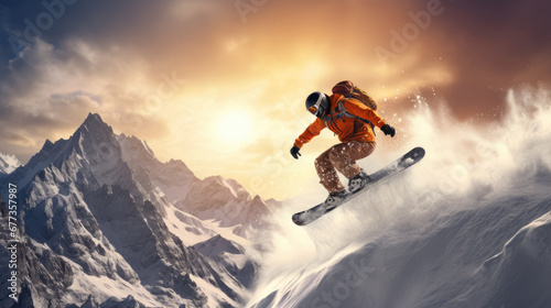 Professional snowboarder jumps with snowboard from tom of mountain onto track at sunset 