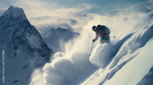 Adventure. Extreme sports. wide shot of skier going down snowy mountain 