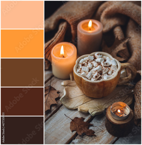 Design palette inspired by fall cozy atmosphere, delicious pumpkin latte with marshmallow. Designer pack with photo, swatches. Harmonious warm autumn colour combination orange, brown, yellow, beige