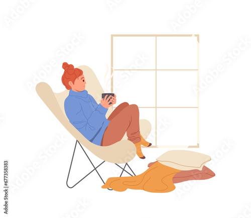 Relaxed young woman cartoon character drinking hot tea or coffee while sitting on chair at home