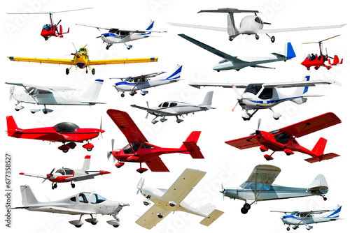 Sporting light aircraft, gliders and gyroplanes isolated on white background.. photo