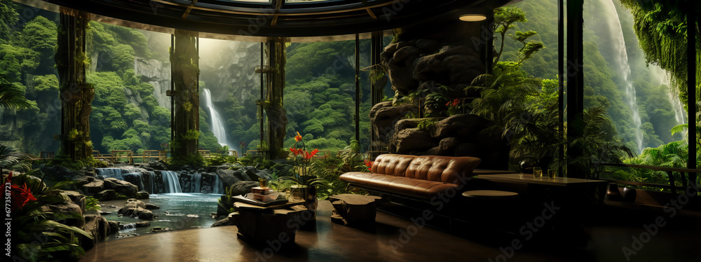 Banner of a magnificent immersive landscape, seen from inside a home.