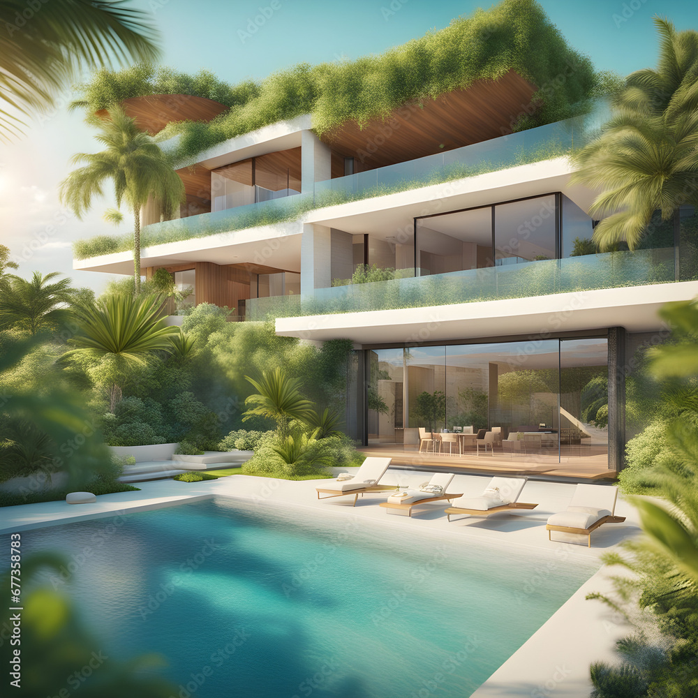 An ultra modern mega villa by the sea with swimming pool and open space in a tropical paradise