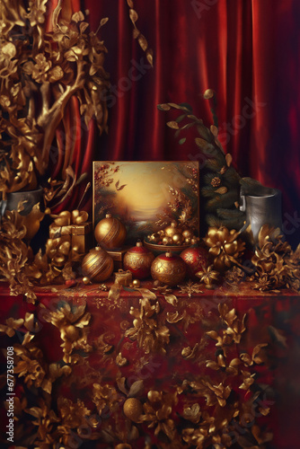 Style vieille carte postale, une table recouverte de velours rouge et devant un rideau identique avec des décorations de noël dorées, des pots en fer et un tableau type peinture à l'huile photo