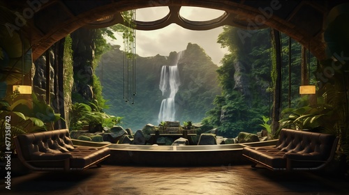 Wallpaper of a magnificent immersive landscape, seen from inside a home.