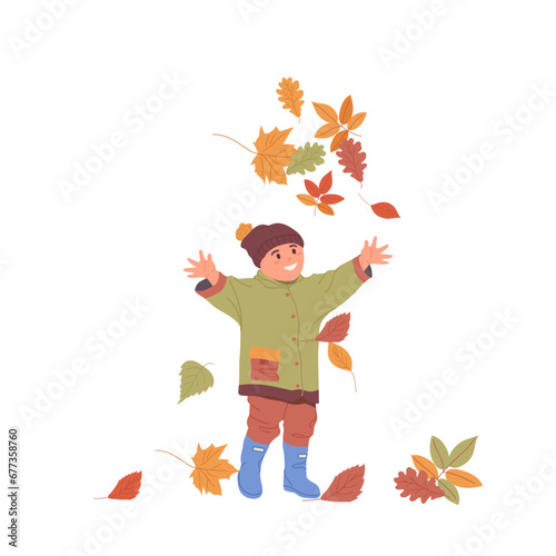 Happy little preschool child cartoon character rejoicing autumn throwing fallen leaves up in air