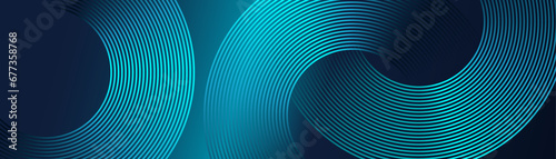 Abstract blue green shiny circles lines pattern. Modern glowing geometric dark blue background in concept of futuristic technology, business cover, poster, banner, brochure, header, website