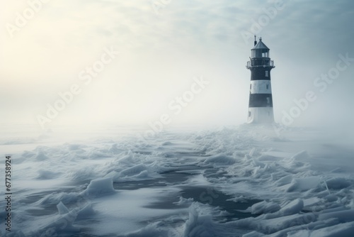 A lighthouse by sea covered by heavy snow and ice. Winter seasonal concept.