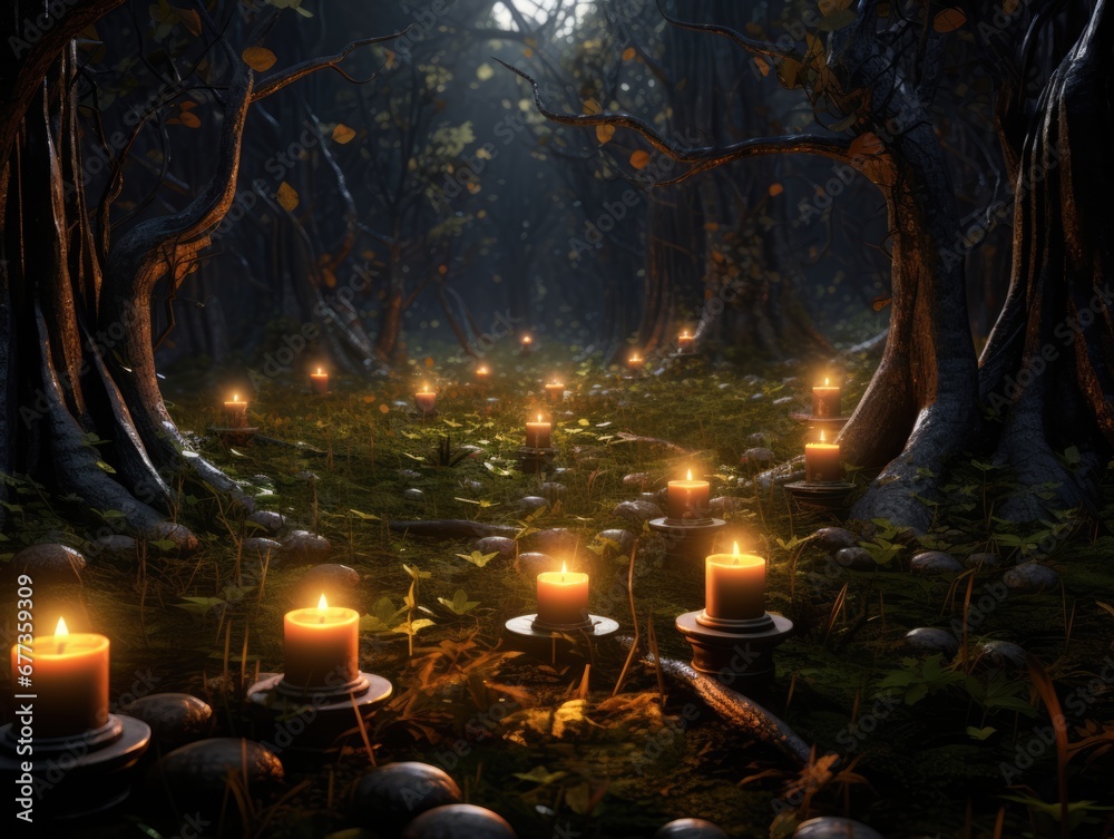 A black dark woods full of candles. Halloween theme. A black dark woods full of candles. Halloween theme.