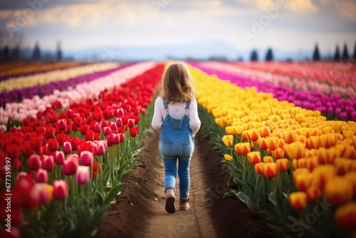 A little girl stand in field of beautiful tulip with variable colors iin Spring. Spring seasonal concept. photo