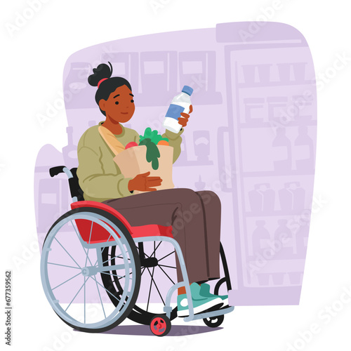 Woman On Wheelchair Gracefully Navigates The Supermarket Aisles, Selecting Groceries With Independence And Resilience