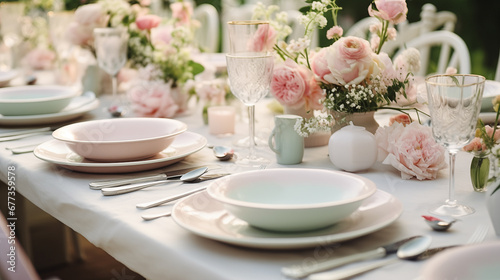 Wedding table setting in pastel colors. Plates and glasses for a festive dinner, a pleasant atmosphere with flowers and candles.