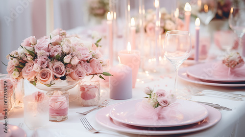Wedding table setting in pastel colors. Plates and glasses for a festive dinner, a pleasant atmosphere with flowers and candles. © Tanuha