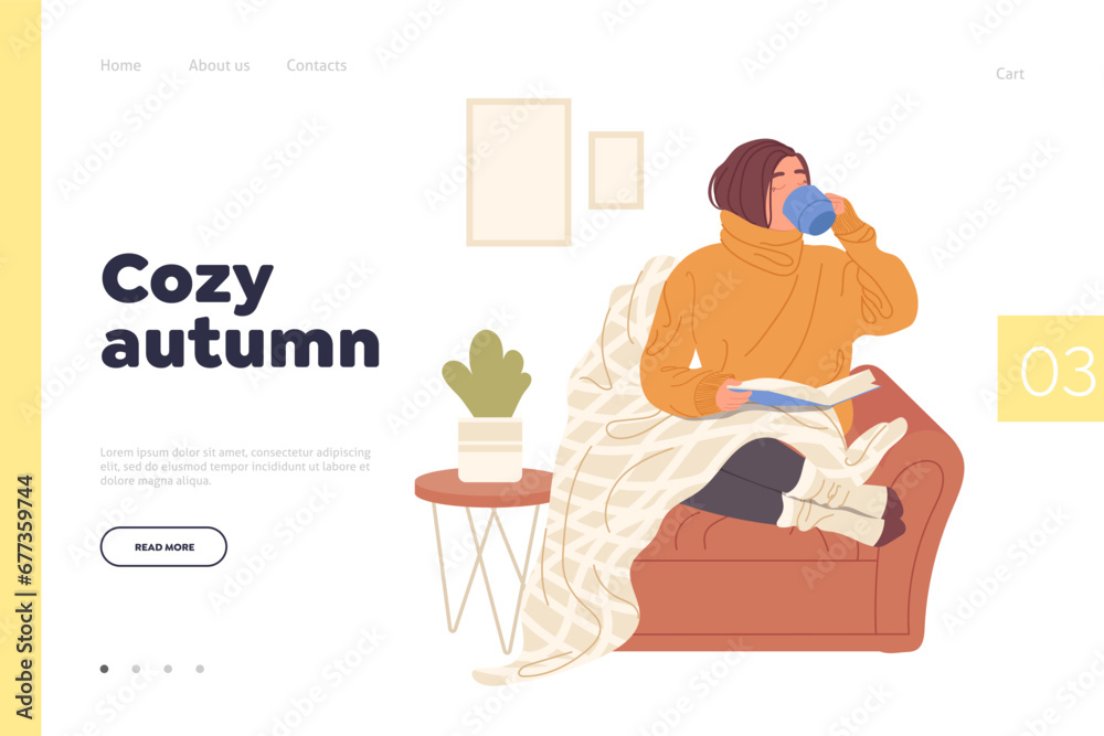 Cozy autumn landing page template with restful woman cartoon character reading drinking tea at home