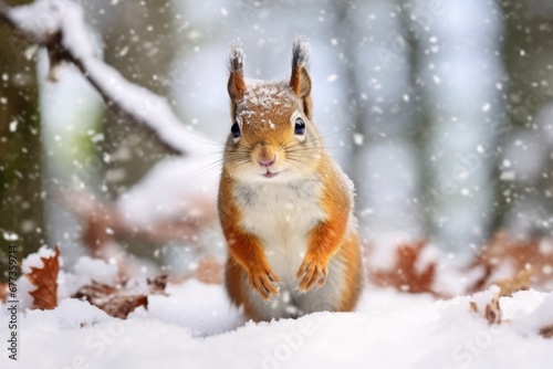 Close-up view of a squirrel in forest with snow in Winter. © rabbit75_fot