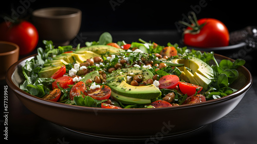 Delicious Bowl of Spinach Salad with Chickpeas  Farro  Avocado and Tomatoes 