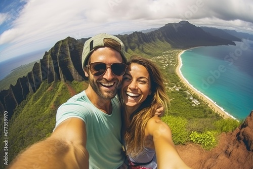 A young couple taking selfie during their trip at mountain top with happy face. Vacation travel concept. photo