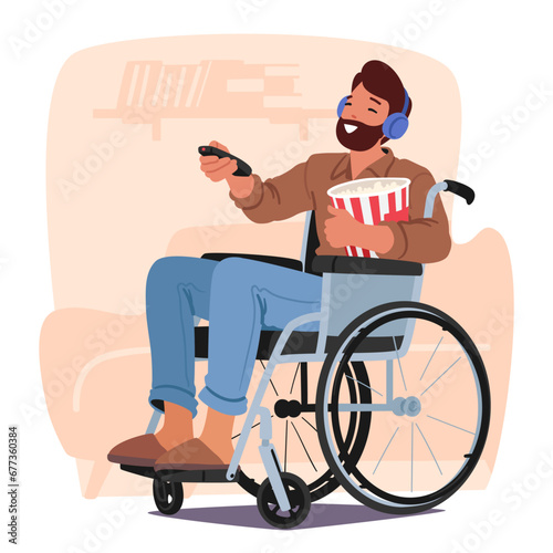 Man In A Wheelchair Enjoys A Movie Night With Popcorn, His Eyes Fixed On The Screen, Savoring Each Moment